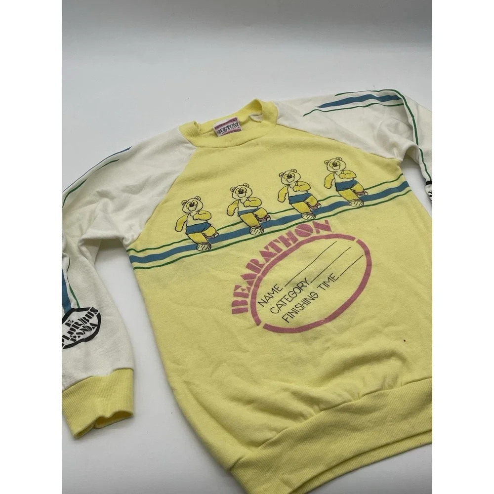 Vtg Sweater Youth Sz 10‎ Yellow Bearathon Running Tortoni 80s Panda Puff Print
